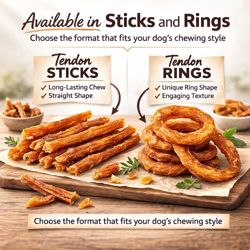 Premium All Natural Turkey Tendon Chew Treats for Dogs - Sticks & Rings