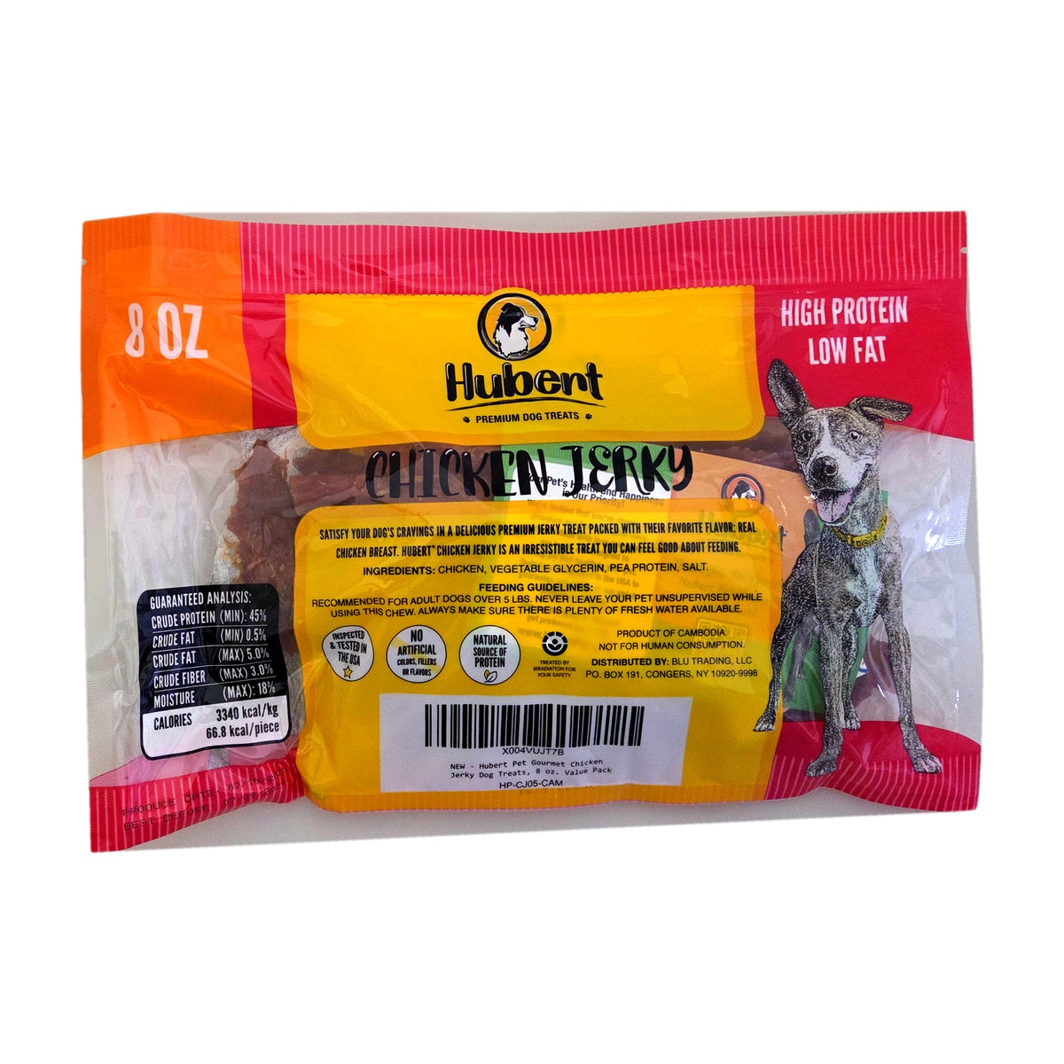 Hubert Chicken Jerky 8 oz bag, back with ingredients and guaranteed analysis